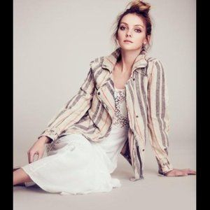 Free People Linen Moto Striped Jacket Coat Tan Blue Rust XS